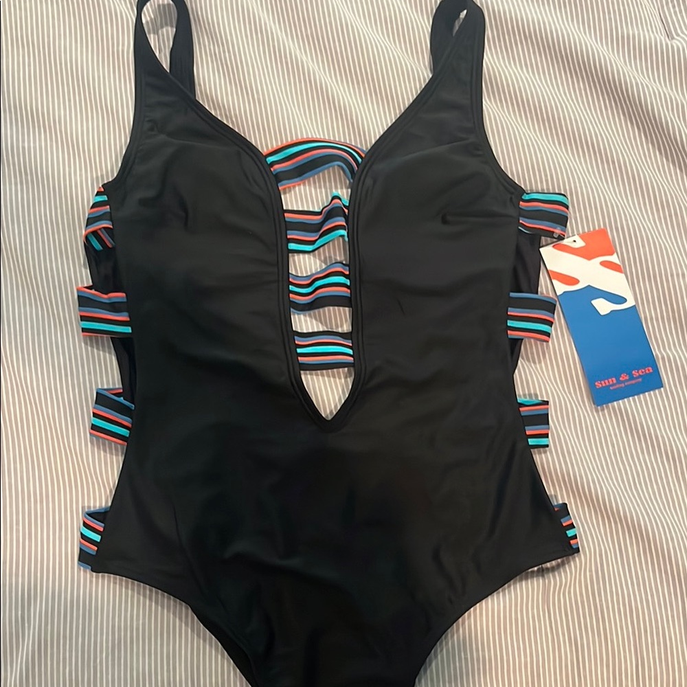 Stylish Black One Piece with Strappy V-Neck